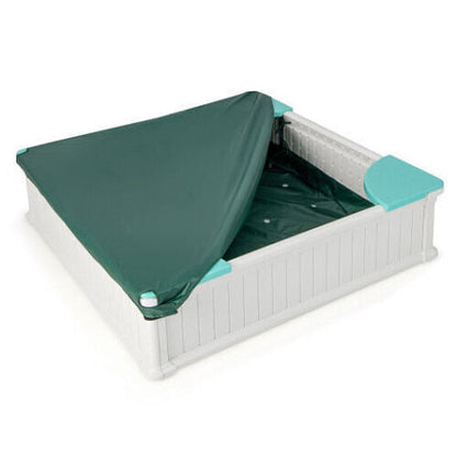 White Outdoor Sandbox with Oxford Cover and 4 Corner Seats for Kids