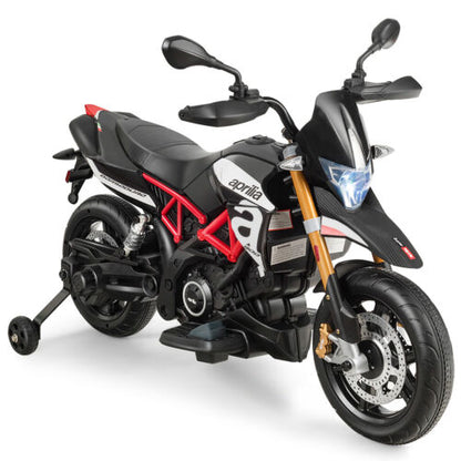 12V Kids Ride-On Aprilia Motorcycle with Training Wheels - Black