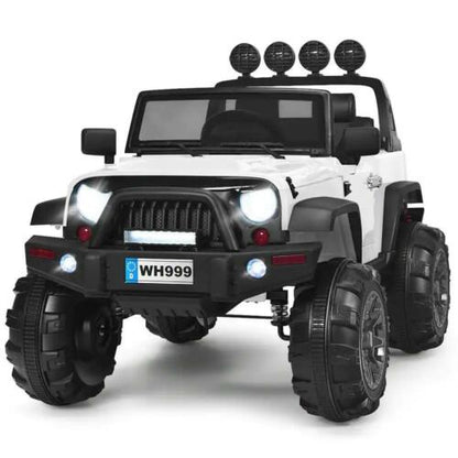 12-Volt White Ride-On Car Truck for Kids with RC Control, LED Lights, Music, and Trunk