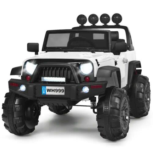 12-Volt White Ride-On Car Truck for Kids with RC Control, LED Lights, Music, and Trunk