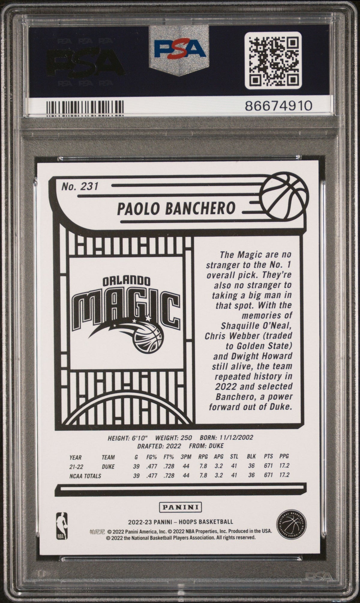 Graded 2022 Panini NBA Hoops Paolo Banchero #231 Rookie RC Basketball Card PSA 9 Mint