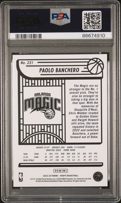 Graded 2022 Panini NBA Hoops Paolo Banchero #231 Rookie RC Basketball Card PSA 9 Mint
