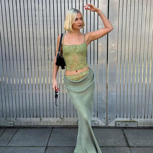 Sage Green Lace Backless Tube Stitching Ruffle Hip Suit