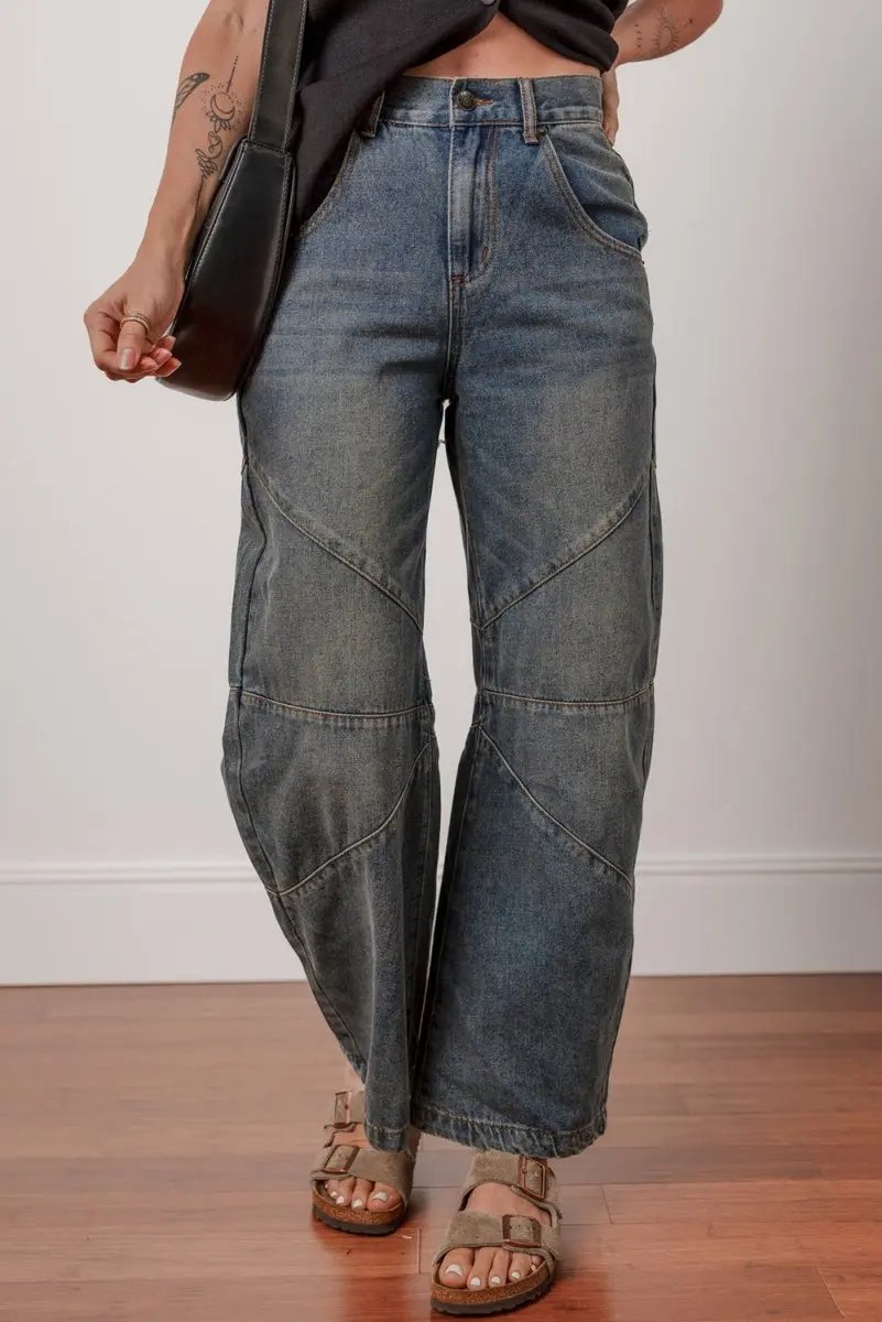 Shoes Love Salve Blue Denim Jeans Women's Daily Wear Wide Leg High Waist + Exposed Stitch