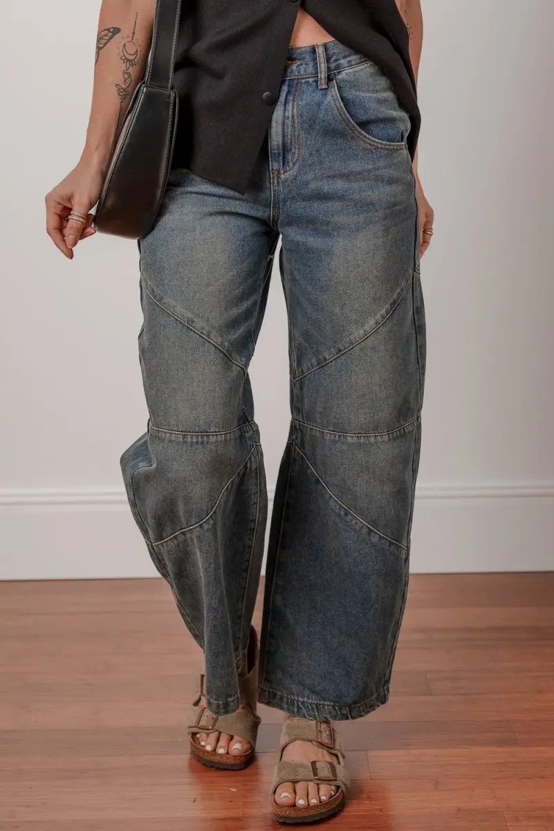 Shoes Love Salve Blue Denim Jeans Women's Daily Wear Wide Leg High Waist + Exposed Stitch