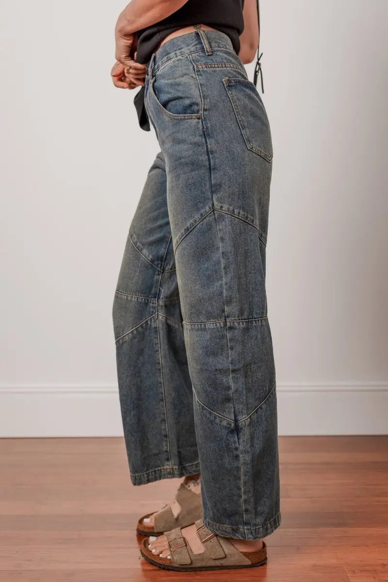 Shoes Love Salve Blue Denim Jeans Women's Daily Wear Wide Leg High Waist + Exposed Stitch