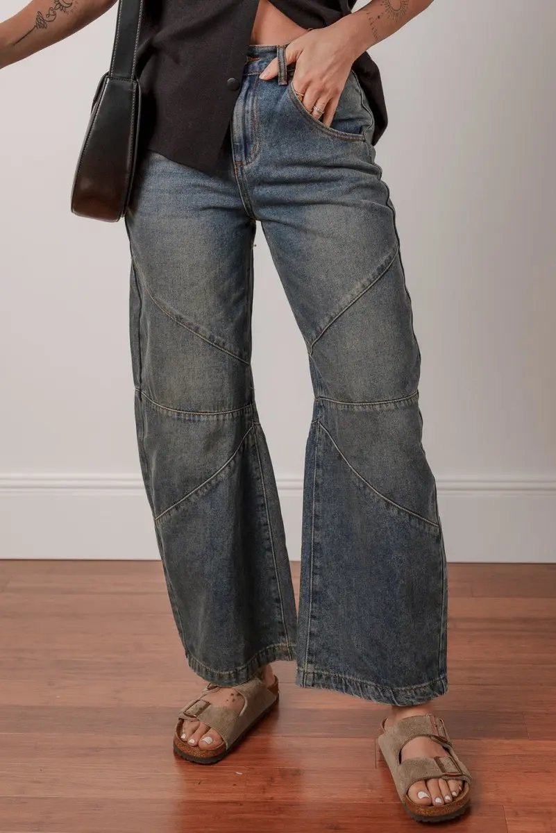Shoes Love Salve Blue Denim Jeans Women's Daily Wear Wide Leg High Waist + Exposed Stitch