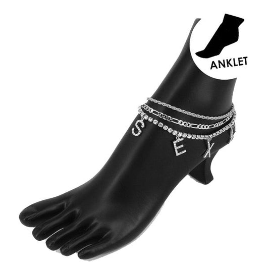 "Sexy" Rhinestone Embellish Charm Metal Chain Layer Anklets