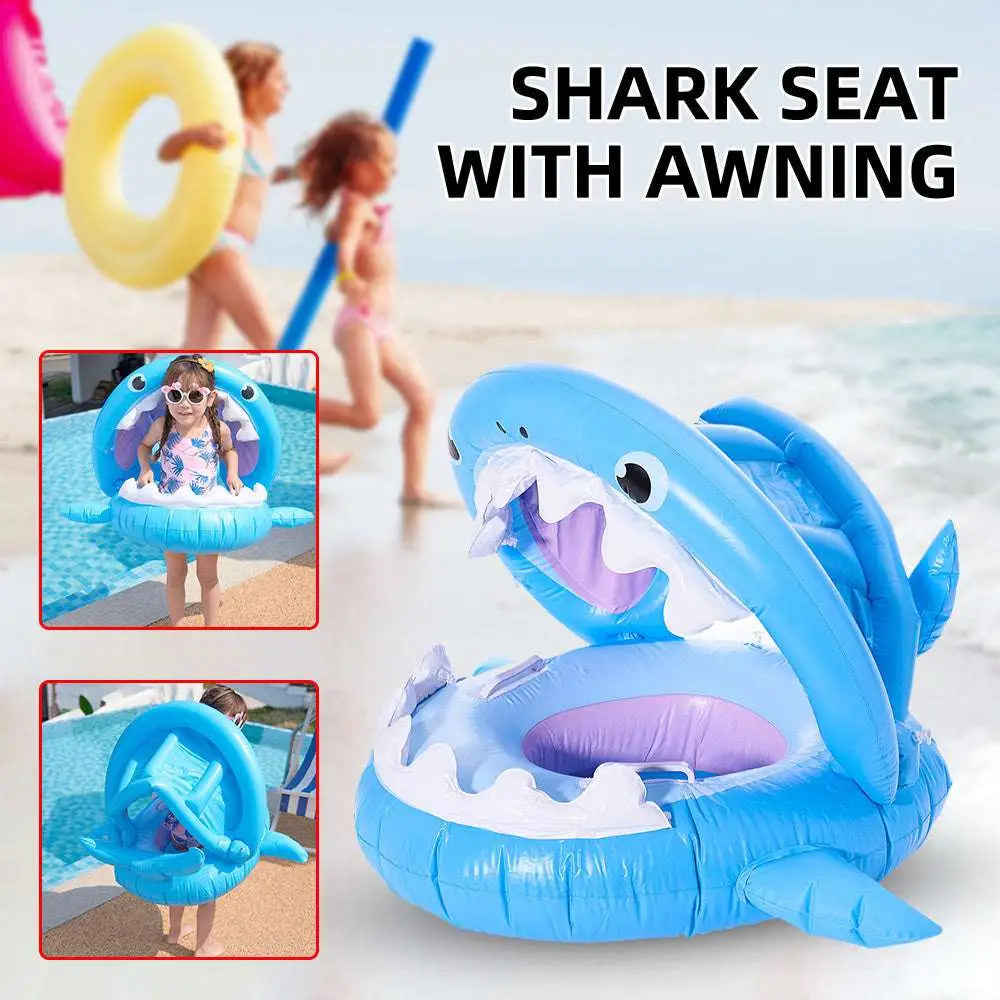 Shark Seat Swimming Ring With Awning — Inflatable Baby Pool Float, Sun Protection, PVC