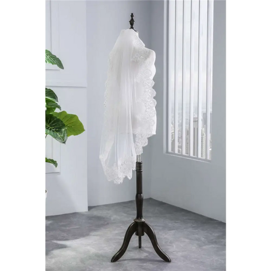 Short Veil Soft Mesh Sequined Lace White Ivory