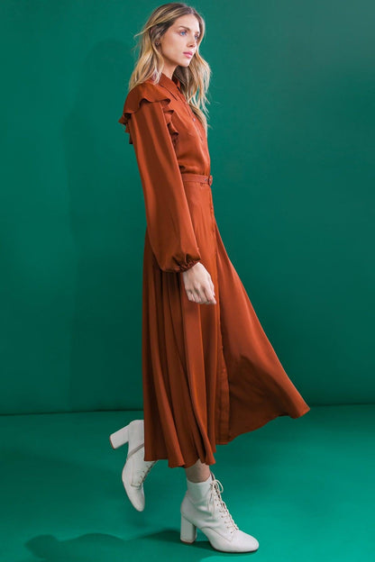 TIER ELEGANCE BROWN WOVEN MIDI DRESS