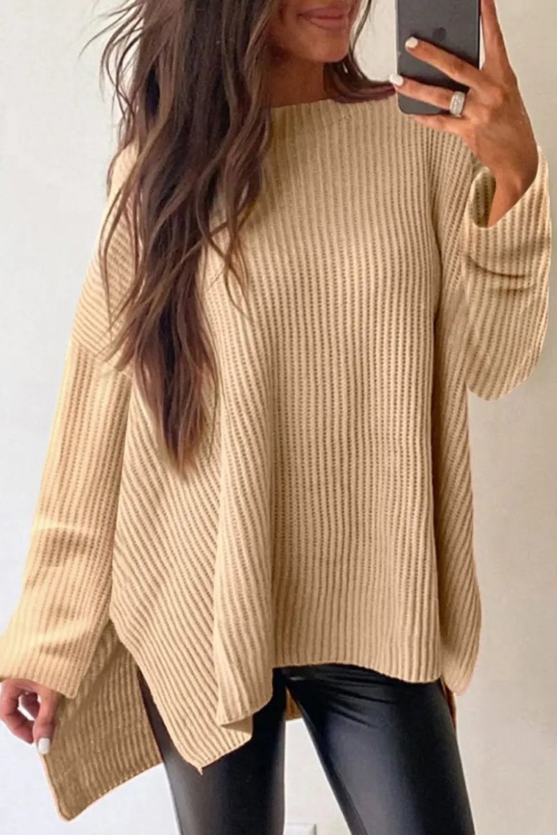 Sweaters Trendsi Side Slit Sweater Women's Casual Long Sleeve Round Neck Cozy Knit Top