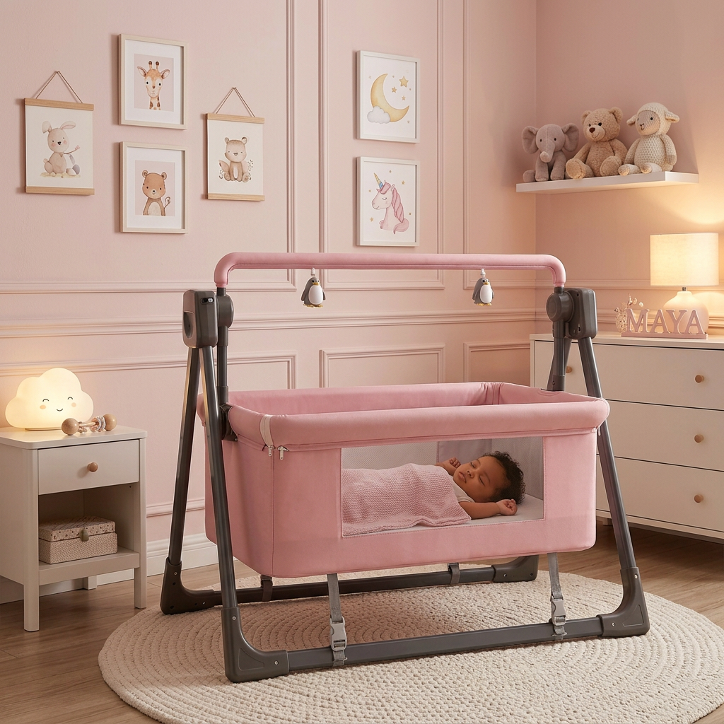 SmartBaby Multi-function Intelligent Electric Cradle – Pink | Bluetooth Music, Remote Control & Automatic Rocking Motion