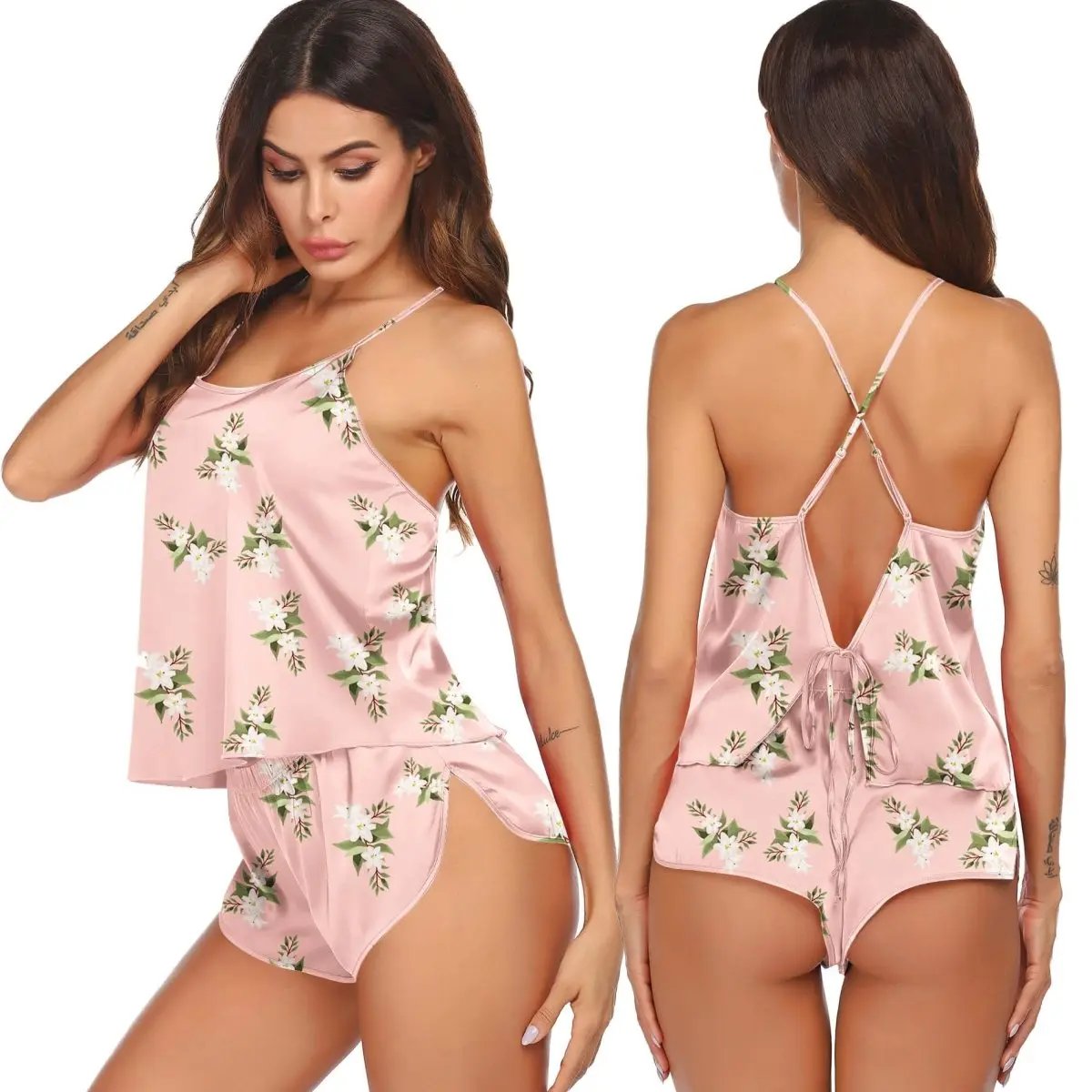 Love Salve Satin Pajamas Women's Backless Lingerie Cami Shorts Set Nightwear