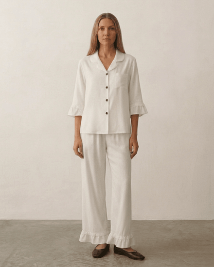 Silky Lace Ruffle Long Sleeves and Pants Pajama Set / White
