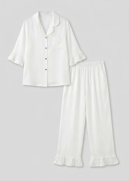 Silky Lace Ruffle Long Sleeves and Pants Pajama Set / White