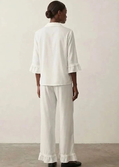 Silky Lace Ruffle Long Sleeves and Pants Pajama Set / White