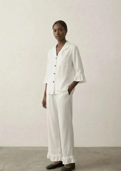 Silky Lace Ruffle Long Sleeves and Pants Pajama Set / White