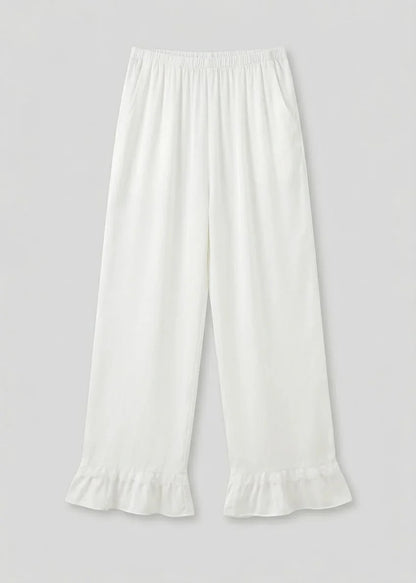 Silky Lace Ruffle Long Sleeves and Pants Pajama Set / White