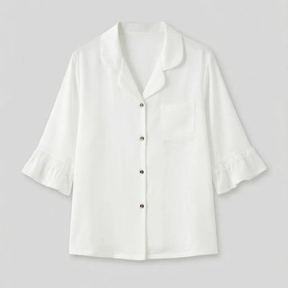 Silky Lace Ruffle Long Sleeves and Pants Pajama Set / White