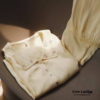 Silky Rose Cream Yellow Embroidered Nightgown Dress