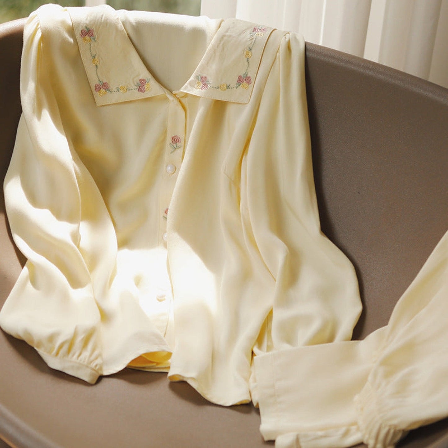 Silky Rose Cream Yellow Embroidered Nightgown Dress