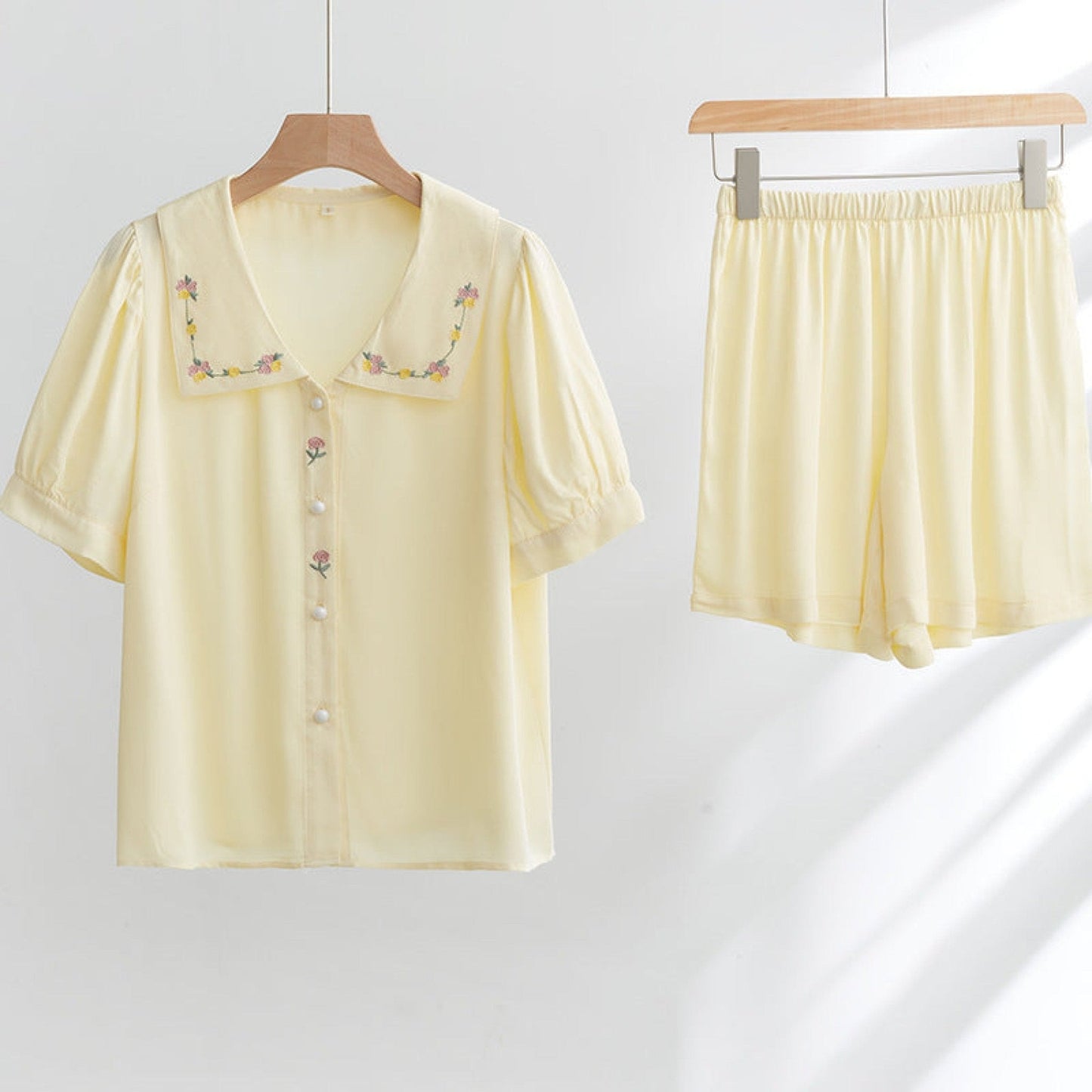 Silky Rose Cream Yellow Embroidered Nightgown Dress