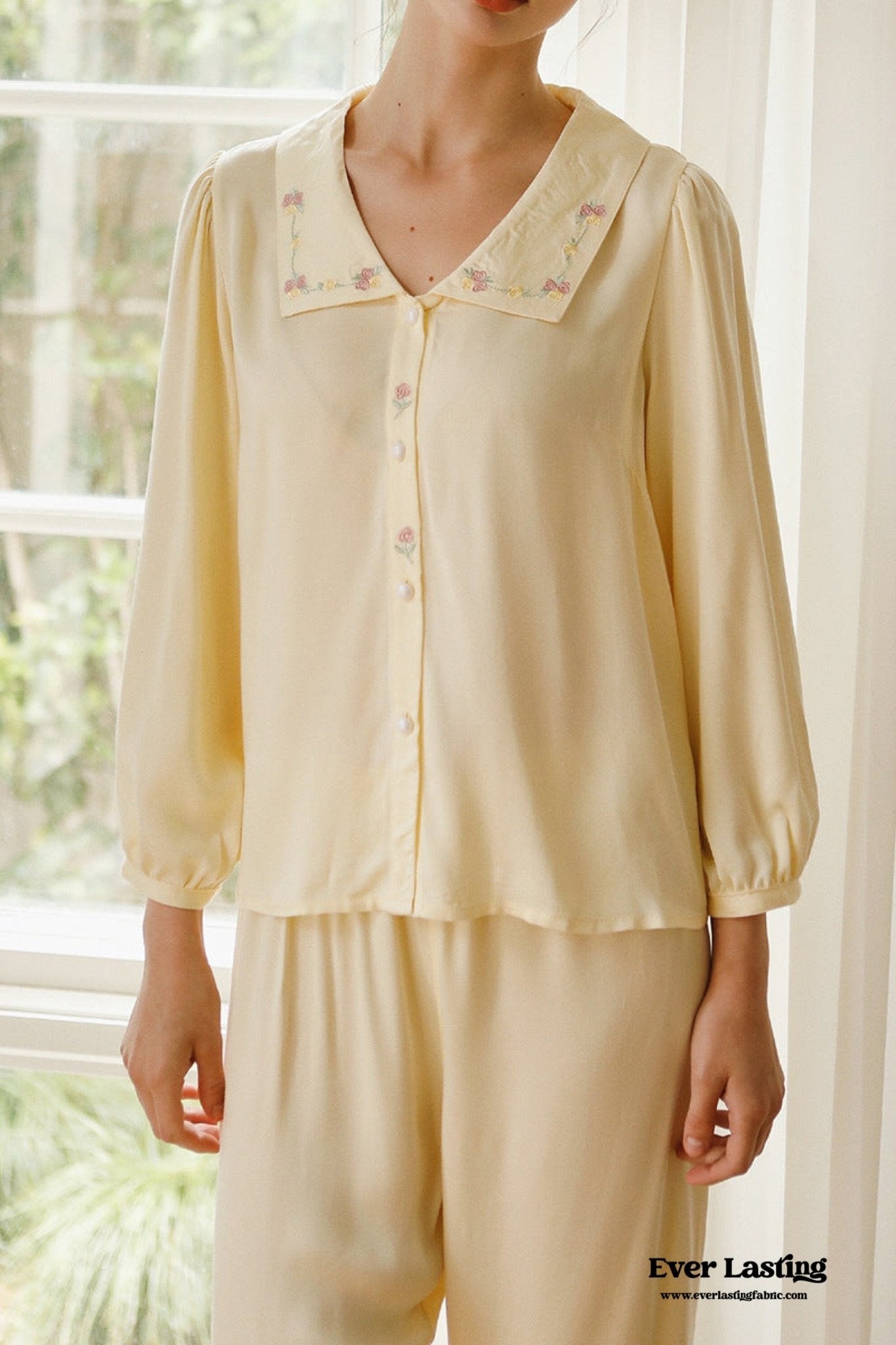 Silky Rose Cream Yellow Embroidered Nightgown Dress