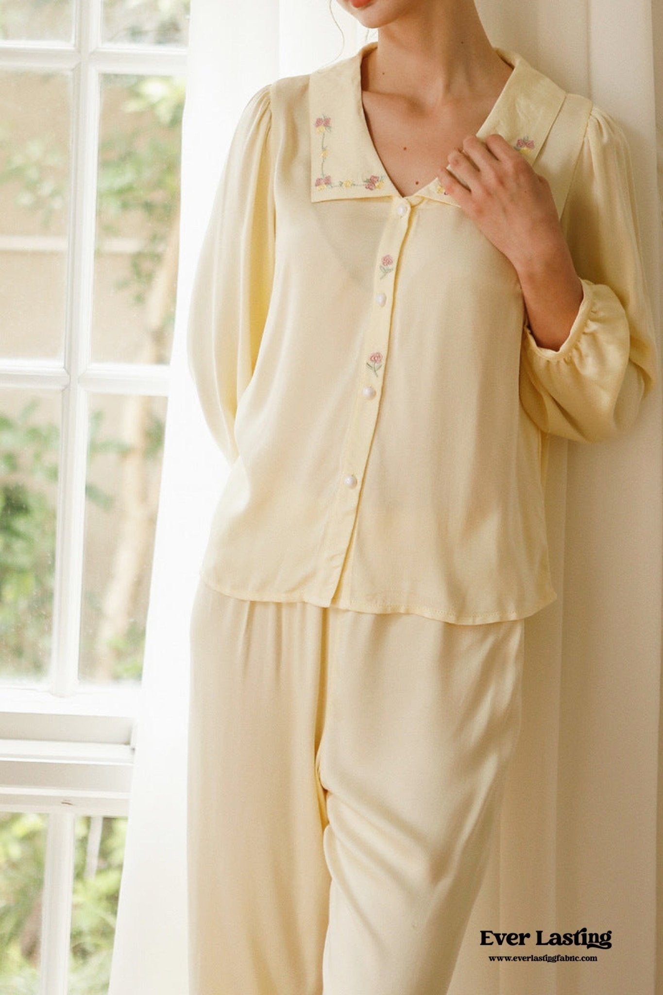 Silky Rose Cream Yellow Embroidered Pajama Set