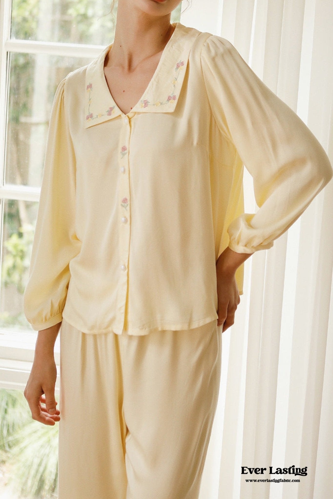 Silky Rose Cream Yellow Embroidered Pajama Set