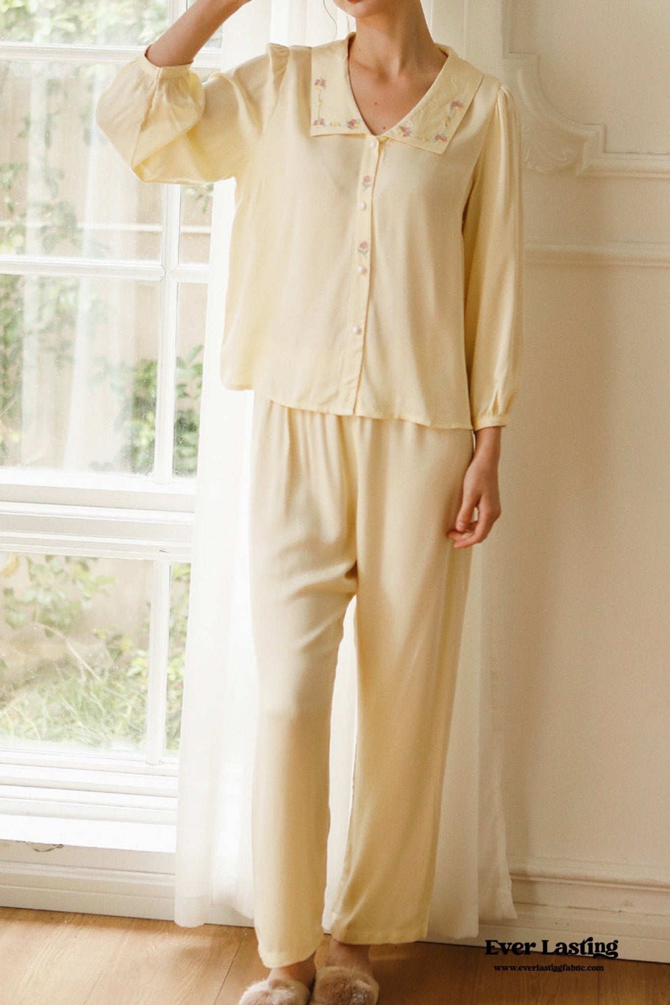 Silky Rose Cream Yellow Embroidered Pajama Set