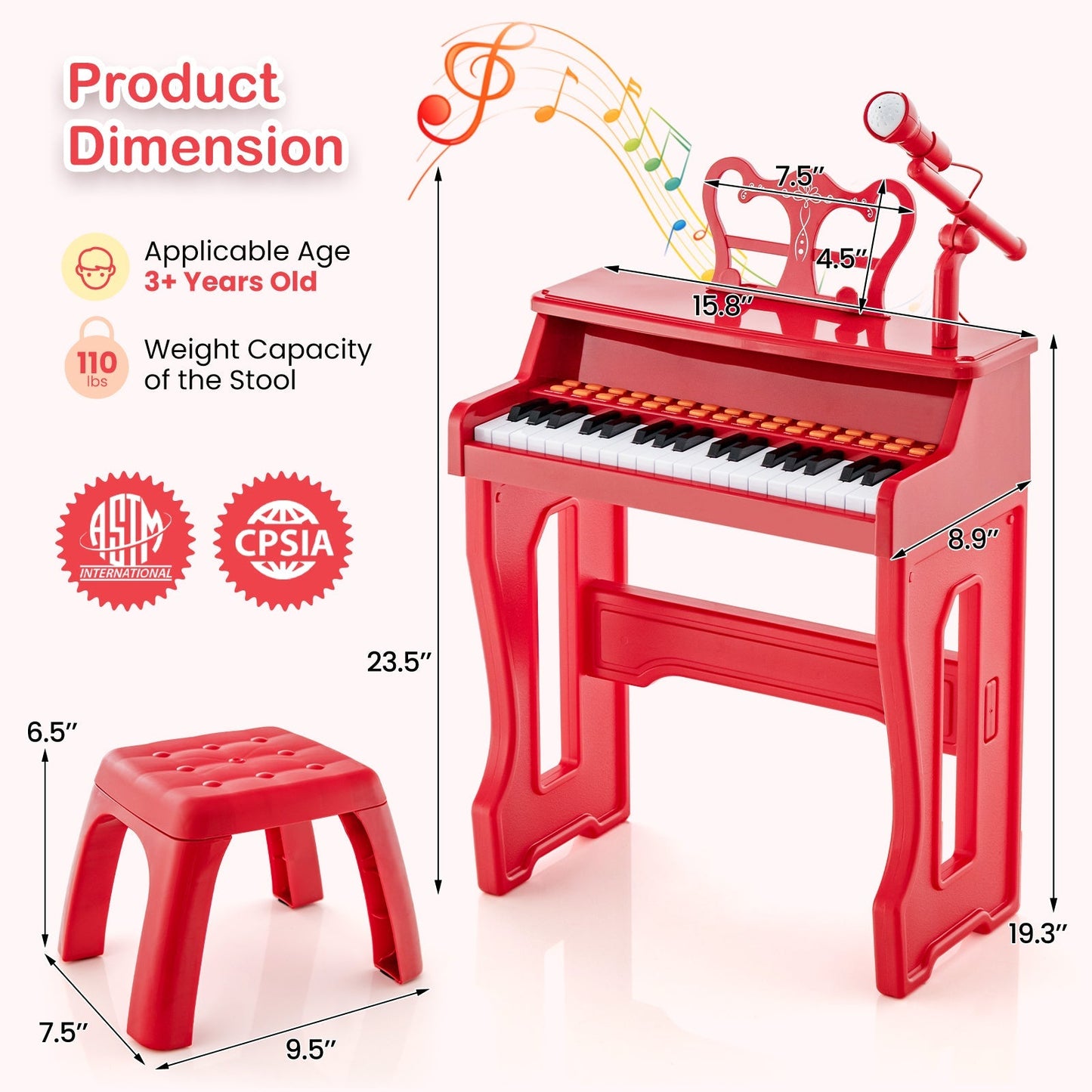 37 Keys Music Piano with Microphone Kids Piano Keyboard with Detachable Music Stand