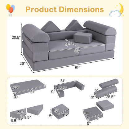 9-Piece Climb and Crawl Foam and Floor Playset with Breathable Suede Fabric-Gray