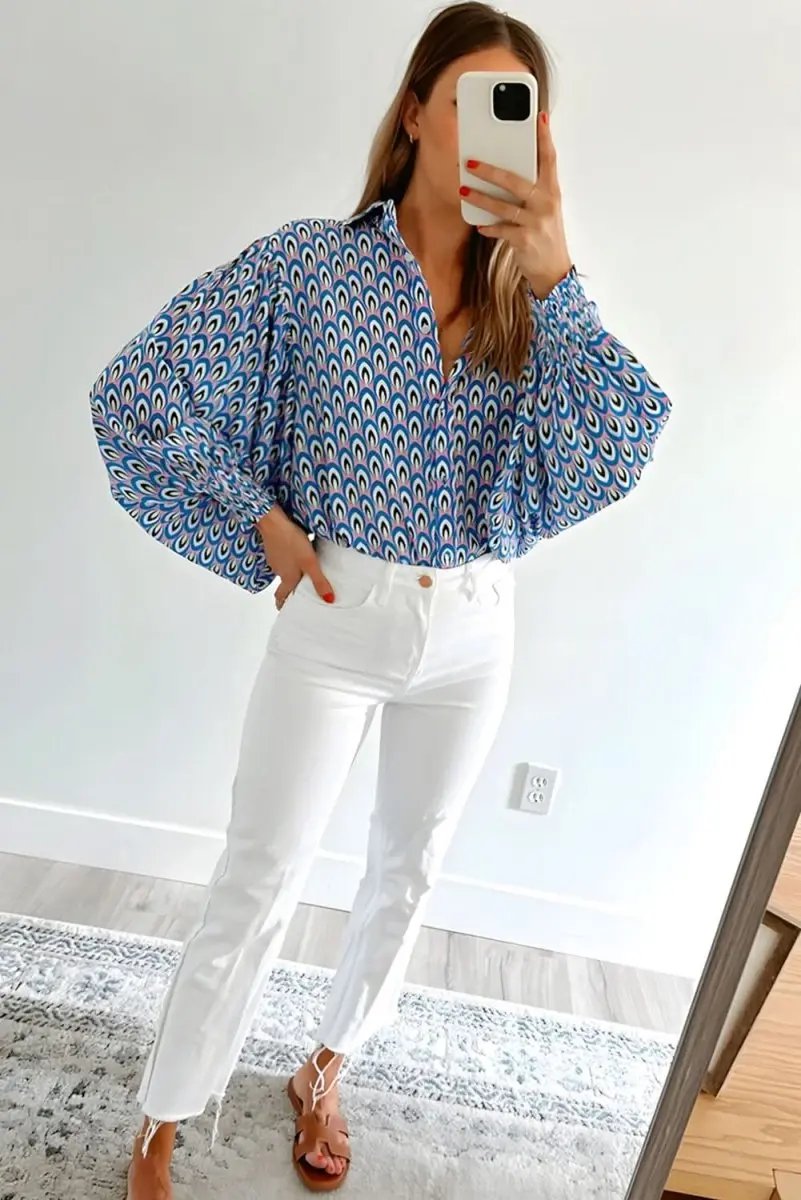 Tops/Blouses & Shirts Love Salve Sky Blue Abstract Oversized Shirt Women's Button-Up Top: Shirred Cuffs, Spring Style