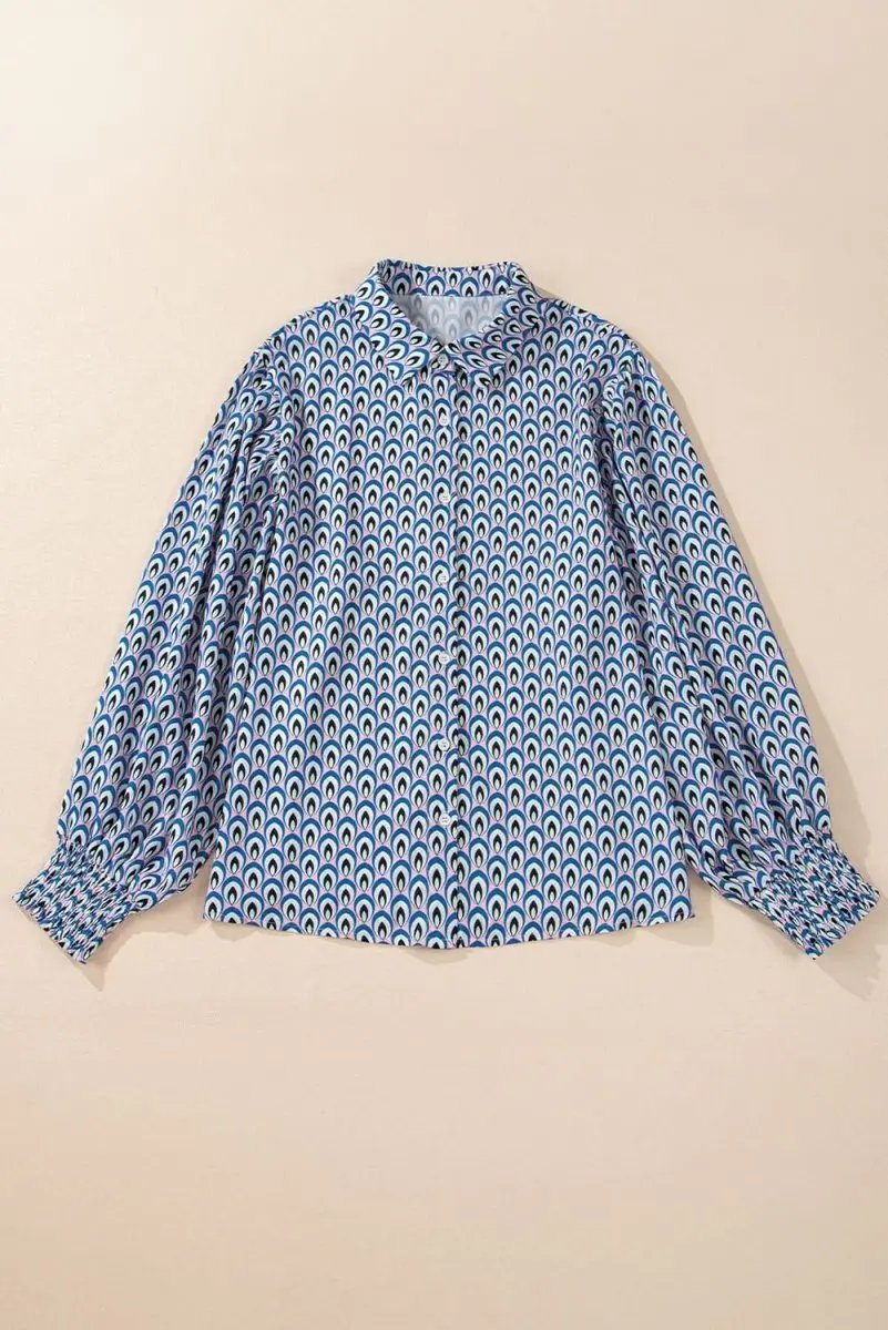 Tops/Blouses & Shirts Love Salve Sky Blue Abstract Oversized Shirt Women's Button-Up Top: Shirred Cuffs, Spring Style