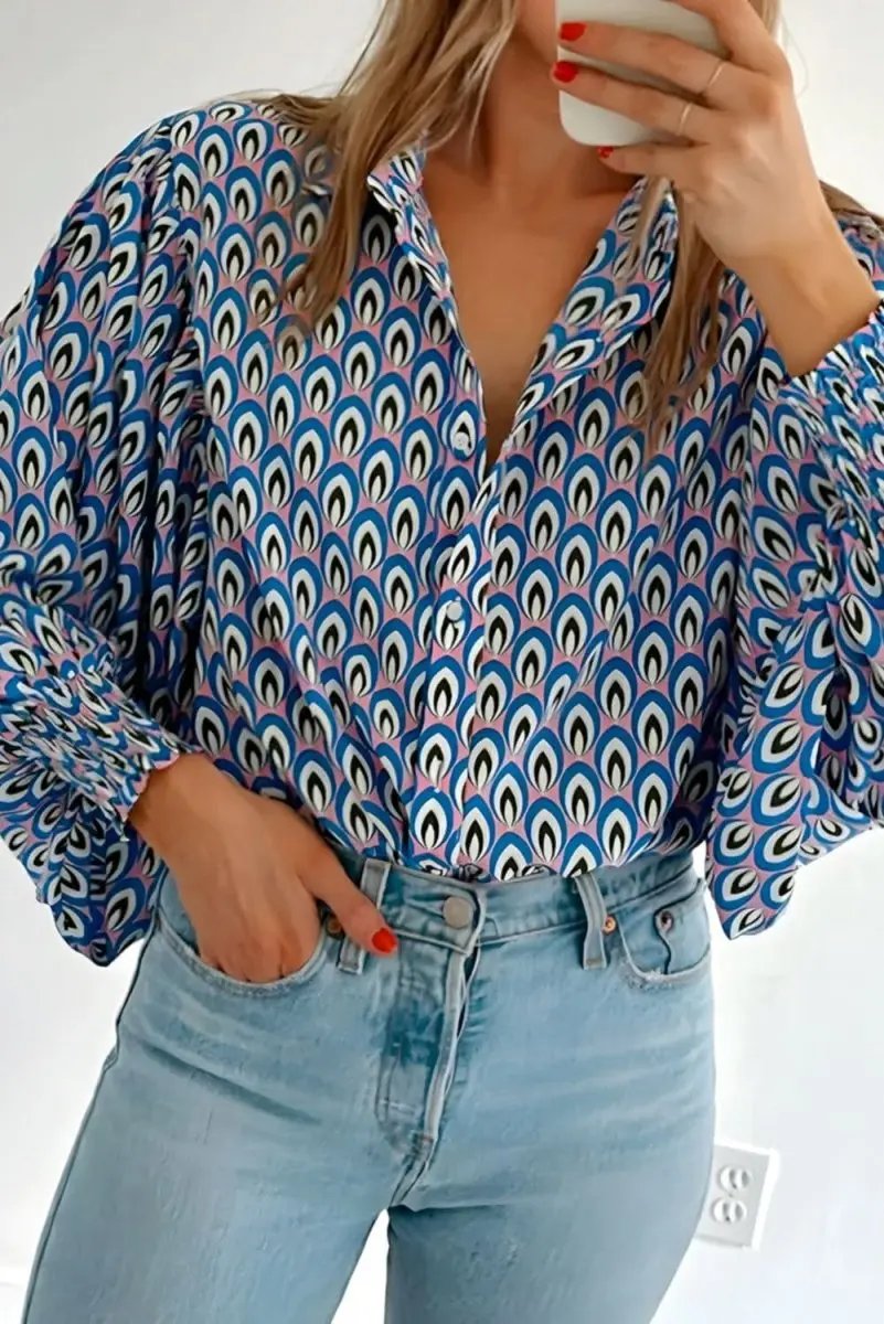 Tops/Blouses & Shirts Love Salve Sky Blue Abstract Oversized Shirt Women's Button-Up Top: Shirred Cuffs, Spring Style