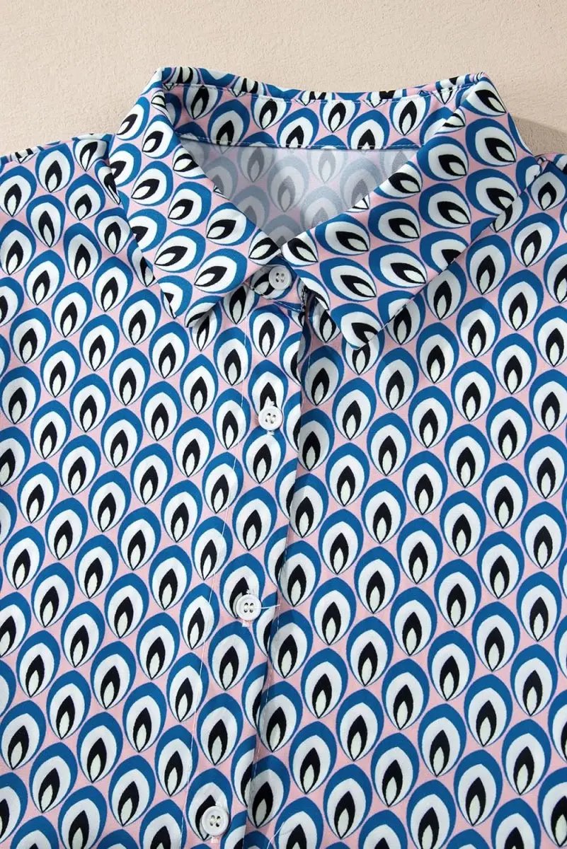 Tops/Blouses & Shirts Love Salve Sky Blue Abstract Oversized Shirt Women's Button-Up Top: Shirred Cuffs, Spring Style