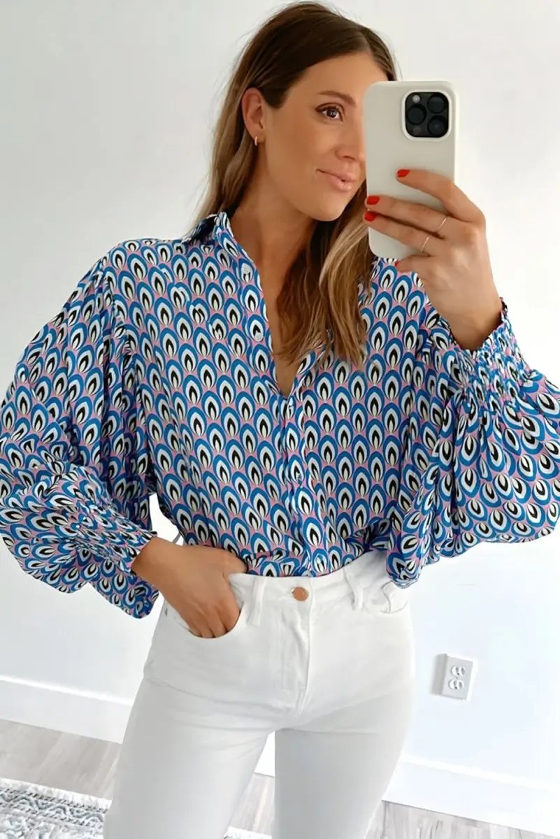 Tops/Blouses & Shirts Love Salve Sky Blue Abstract Oversized Shirt Women's Button-Up Top: Shirred Cuffs, Spring Style