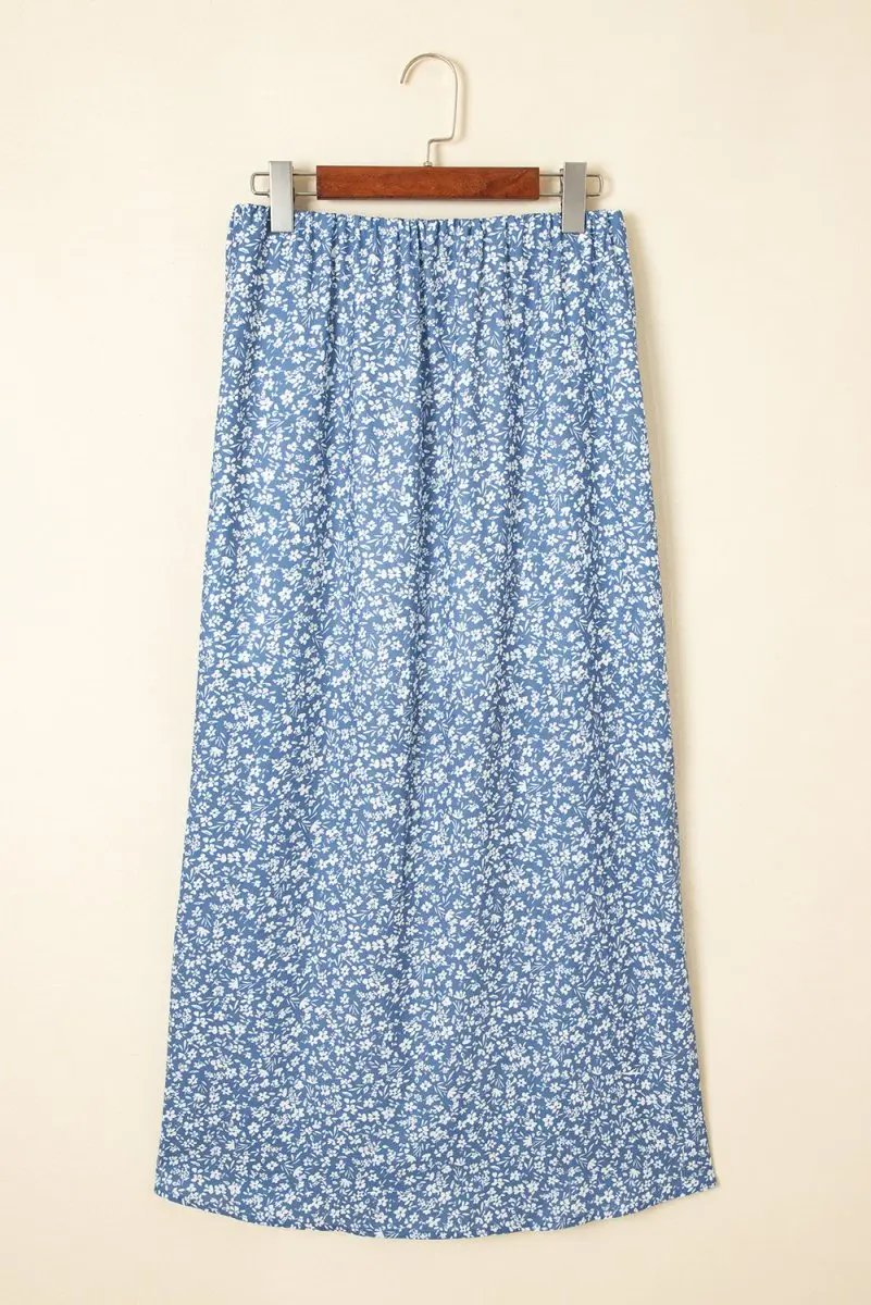 Women's Skirt - Sky Blue Floral Side Split - Summer Long