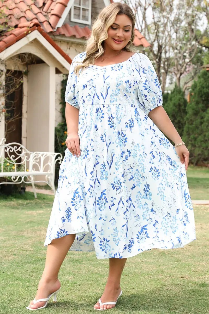 Dresses Love Salve Floral Midi Dress Plus Size Women's Vacation Wedding A-Line Sweetheart
