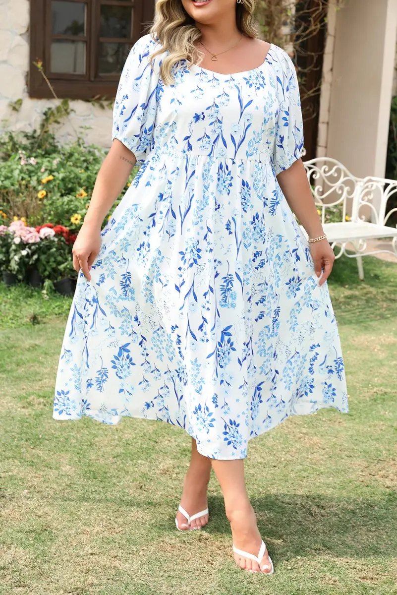 Dresses Love Salve Floral Midi Dress Plus Size Women's Vacation Wedding A-Line Sweetheart