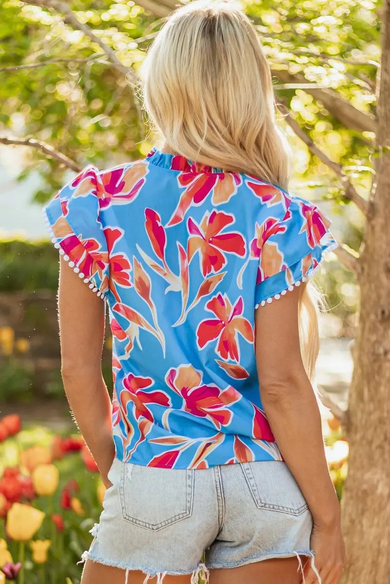 Women's Blouse Floral Blouse - V-Neck Flutter Sleeve - Sky Blue Summer Top