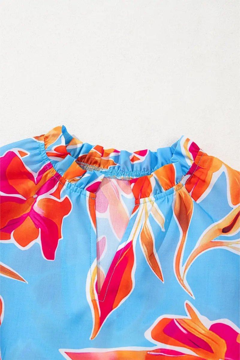 Women's Blouse Floral Blouse - V-Neck Flutter Sleeve - Sky Blue Summer Top
