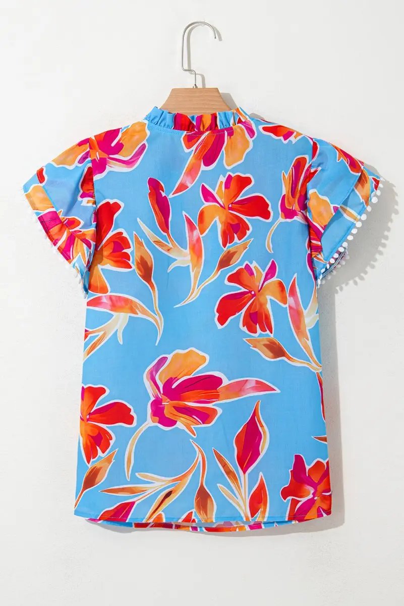 Women's Blouse Floral Blouse - V-Neck Flutter Sleeve - Sky Blue Summer Top