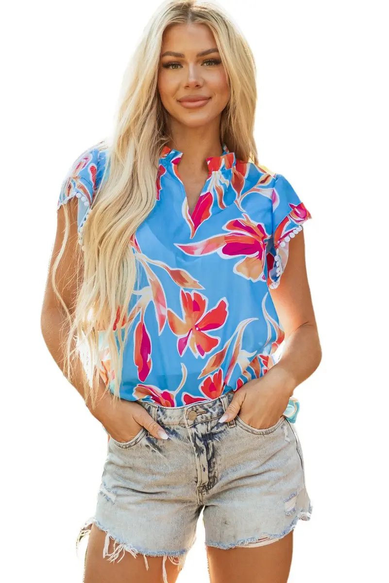 Women's Blouse Floral Blouse - V-Neck Flutter Sleeve - Sky Blue Summer Top