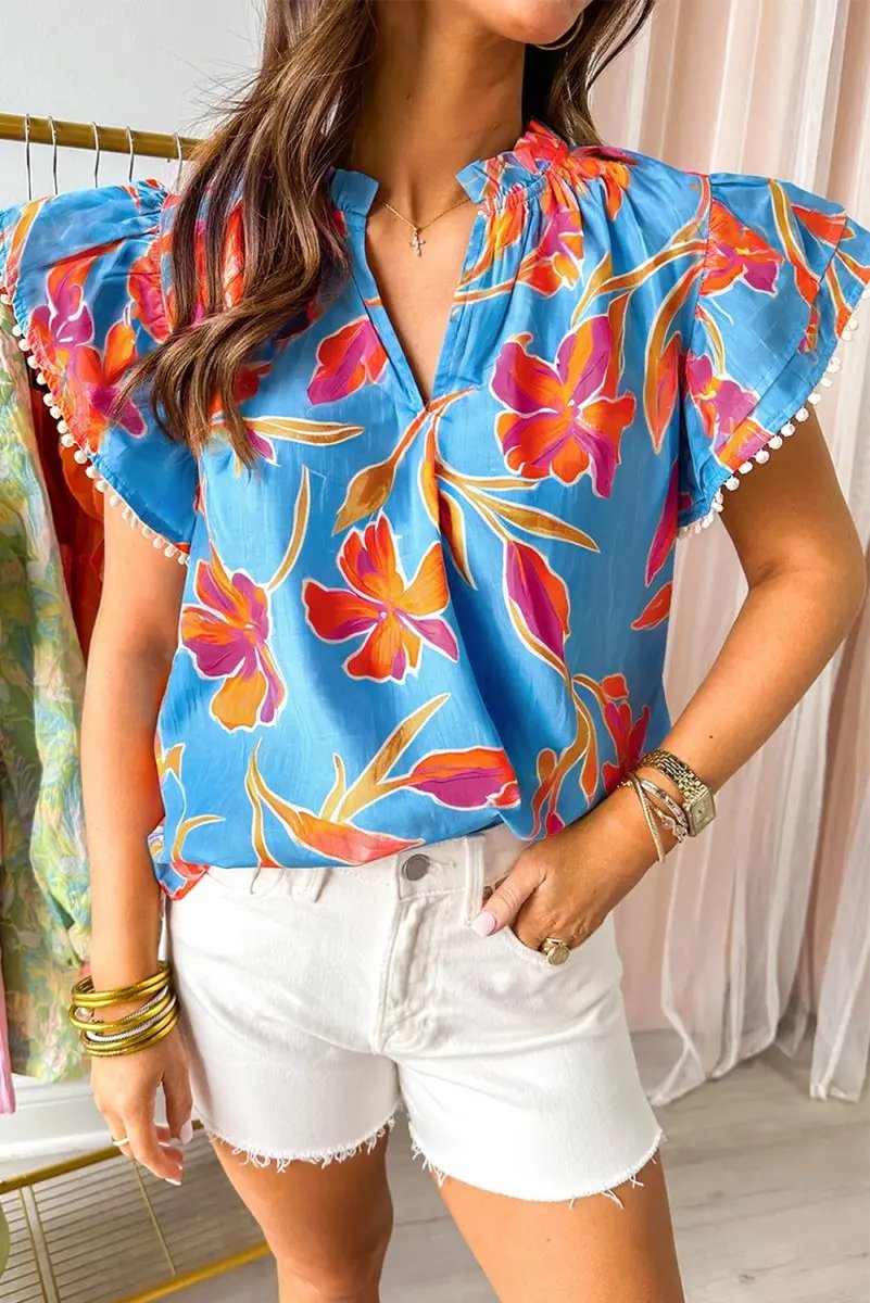 Women's Blouse Floral Blouse - V-Neck Flutter Sleeve - Sky Blue Summer Top