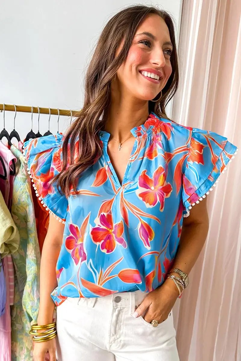 Women's Blouse Floral Blouse - V-Neck Flutter Sleeve - Sky Blue Summer Top