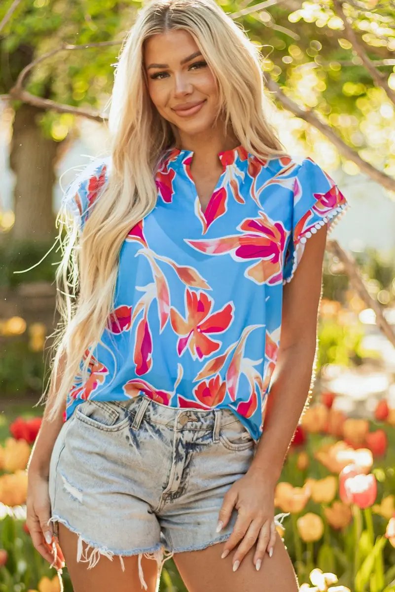 Women's Blouse Floral Blouse - V-Neck Flutter Sleeve - Sky Blue Summer Top