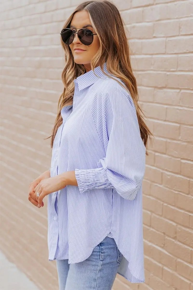 Pants Love Salve Sky Blue Striped Shirt Women's Casual Boyfriend Top Smocked Cuffs