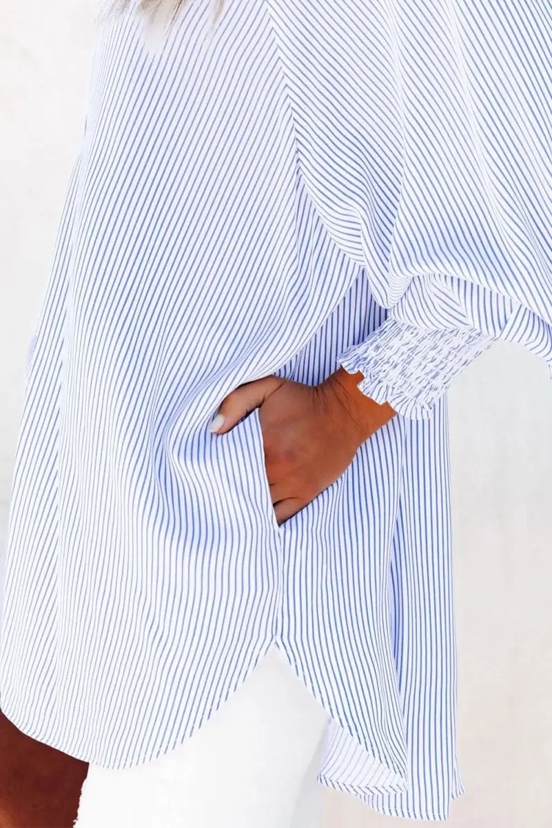 Pants Love Salve Sky Blue Striped Shirt Women's Casual Boyfriend Top Smocked Cuffs
